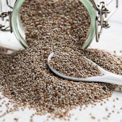 Chia seeds in glass jar and spoon  on white wooden background.